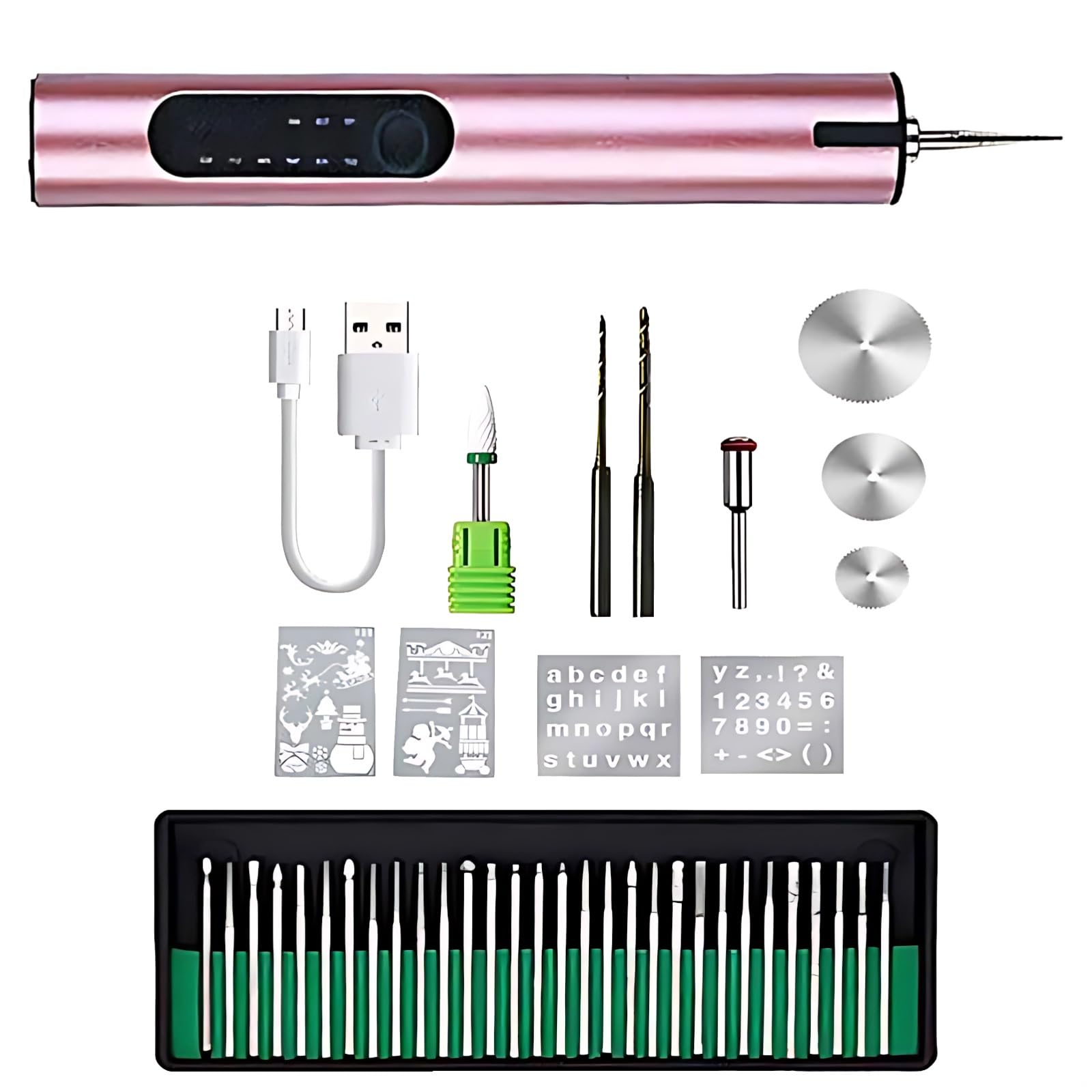 Penna per incisione ricaricabile, include 30 punte per incisione, 3 lame con modelli per incisione su metallo, legno, vetro e plastica, strumento portatile in oro rosa