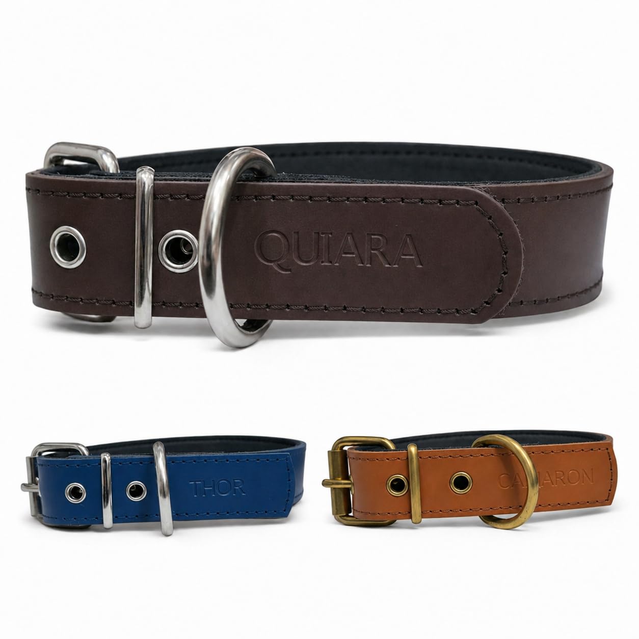 Collar para Perro de Cuero con Acolchado - Personalizable con Nombre Grabado - Hecho a Mano, Resistente y Elegante - Llavero Personalizado de Regalo (Marrón, M/L: Rango de Cuello 37–47 cm)