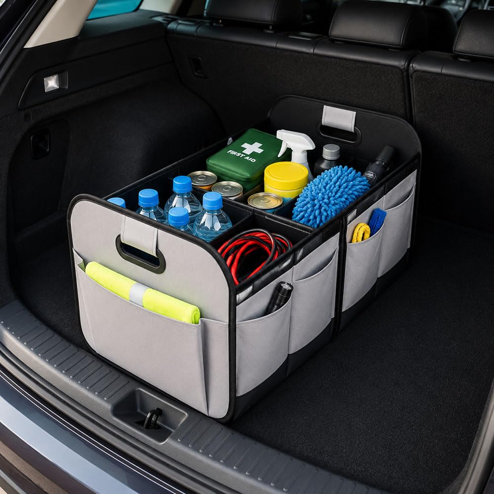 Coche Organizador Maletero para Audi Q5 e-Tron 3Y 2022 2023 2024 2025 2026,Caja Grande Plegable con Compartimentos Accesorio Resistente,Grey