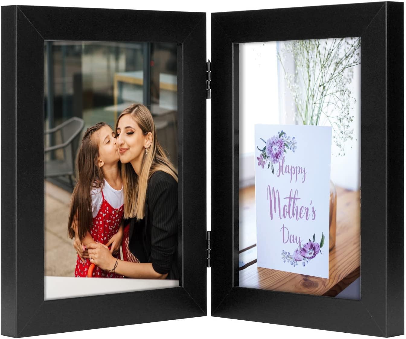 Frametory, 5x7 Double Picture Frame Hinged Photo Frames Two Folding Frame Desktop Glass Frame Vertical (Black, 5x7 Double)