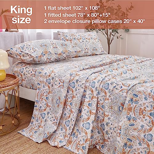 Image of JSD Vintage Retro Printed King Sheet Set Extra Deep Pocket | 4 Piece Soft Microfiber Sheets, OEKO-TEX Certified, Easy Care