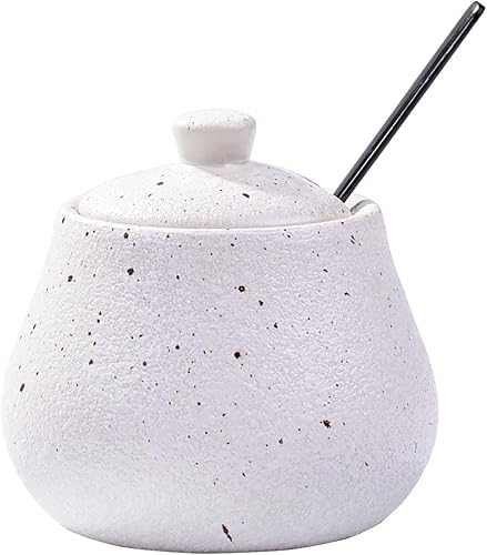 Azucarero con tapa y cucharas, recipientes de porcelana para sal de azúcar, tazón de especias con tapa y cuchara (blanco)