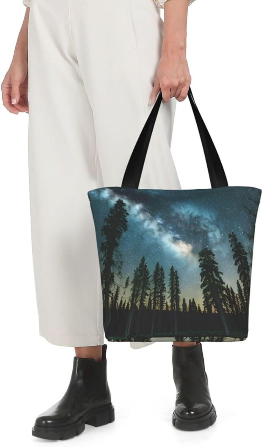 Night Sky with Trees Print Comfortable Summer Shoulder Bag Canvas Tote Travel Beach Hiking Shopping Weekend