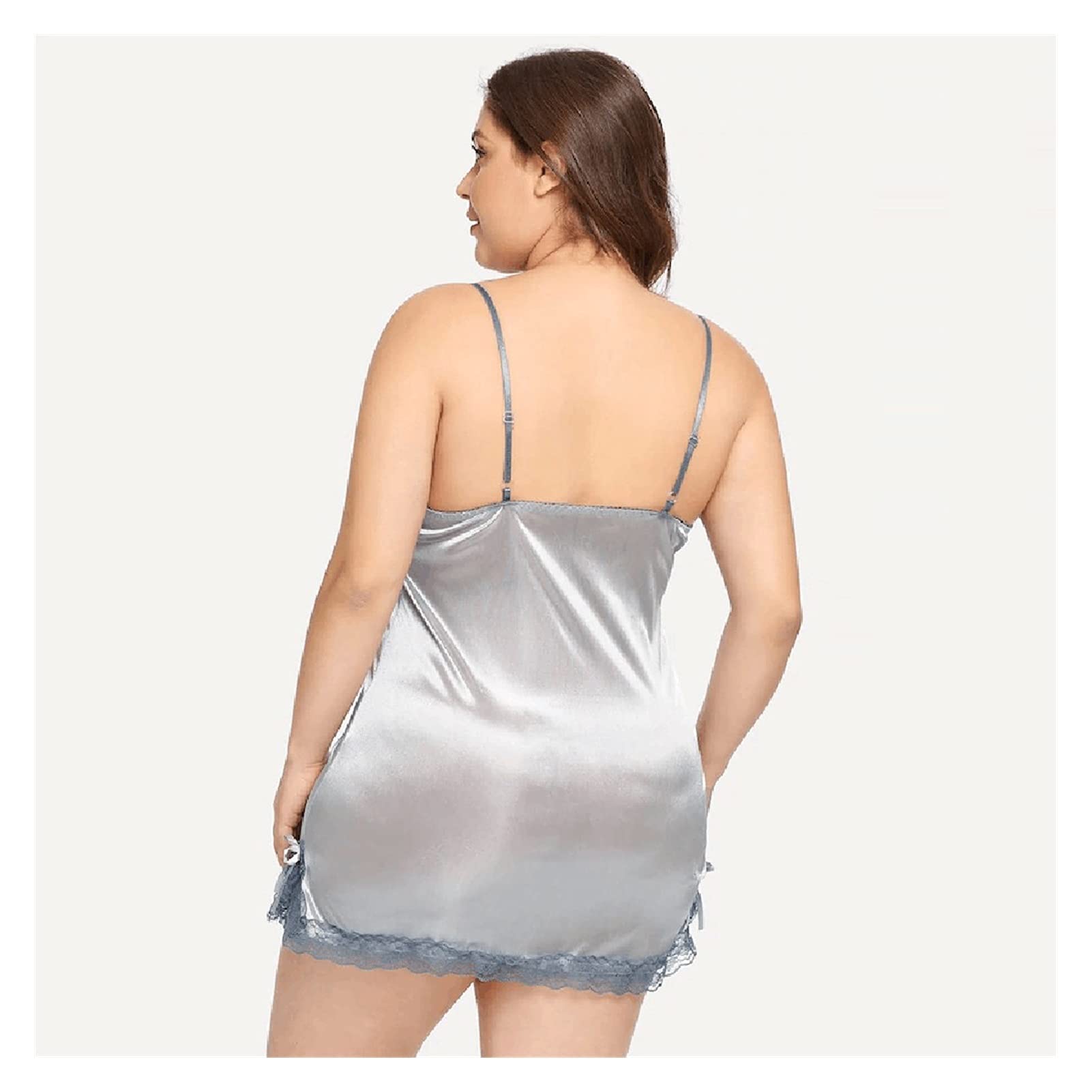 Damen-Unterhemden und Negligés, Damen-Nachthemd aus Spitze, Übergröße, mit Tanga, Damen-Schleife, Nachtwäsche, Dessous-Set, Heimanzug, silbernes Damen-Sexy-Dessous-Set
