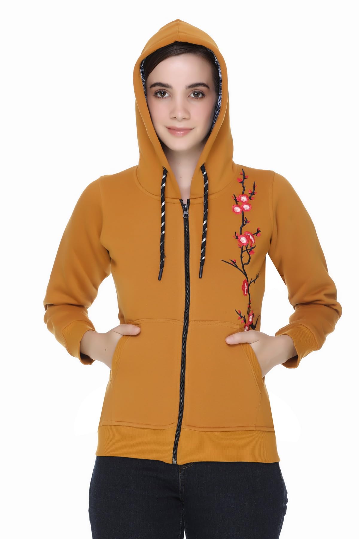 hold Women's Cherry Blossom Embroidered Zip-Up Hoodie, Mustard Yellow Blend, Full-Length Sleeves with Drawstring Hood-picture-27