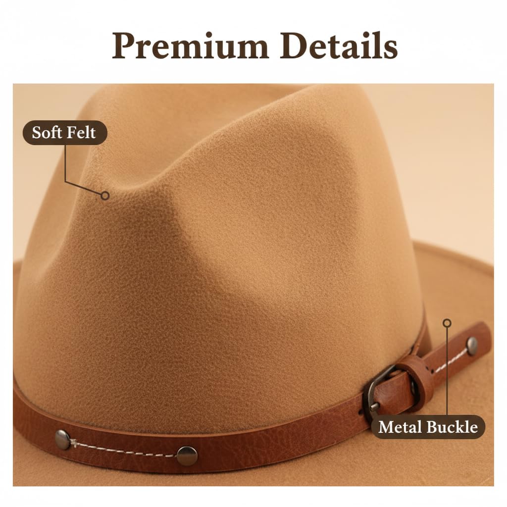QUUPY Kaki Classique Felt Fedora Chapeau Large Bord Soft Hair Panama Chapeau Automne Hiver Jazz avec Rivet Boucle déployante et Cordon de Serrage réglable