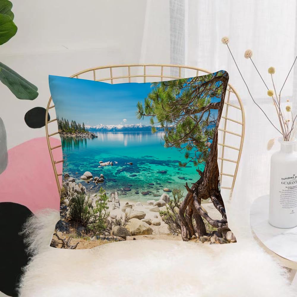 Hyosxw Lake Tahoe Snowy Mountain Reflection On Clea - A10 Cushion Cover,Throw Pillow Case Home Decorative For Living Room Bedroom Sofa Chair 18X18 Inch,Lake Tahoe Snowy Mountain Reflection On Clear Water Rocky Shore Romantic,Pillowcase 45X45cm