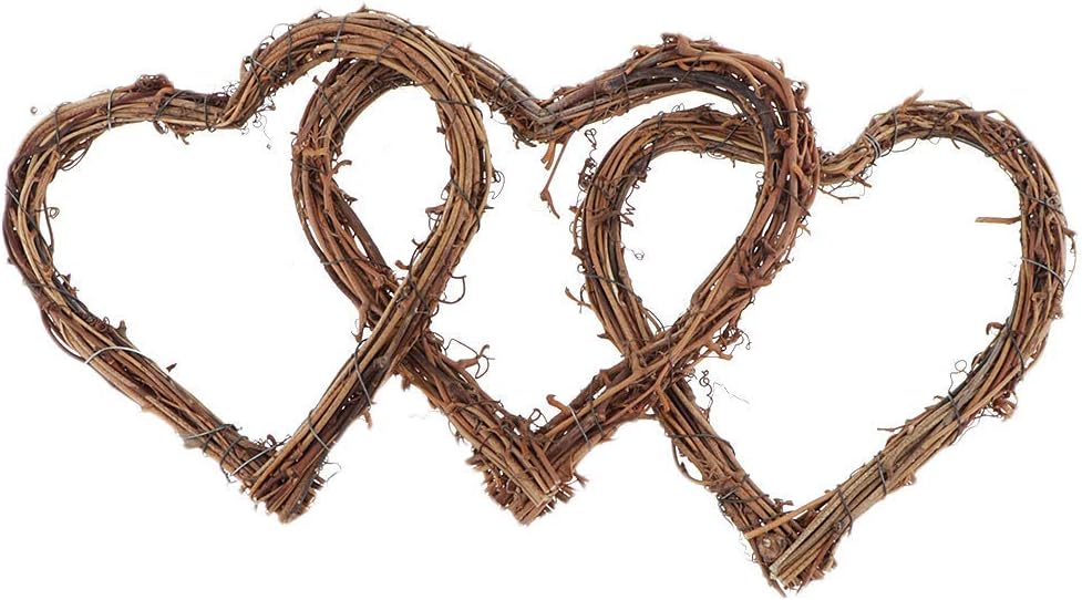 3pcs Heart Wreaths Natural Rattan Love Heart Wreath Rustic Wicker Wall Decor for Valentine’s Day, Weddings, Front Door Display - Brown, 25CM