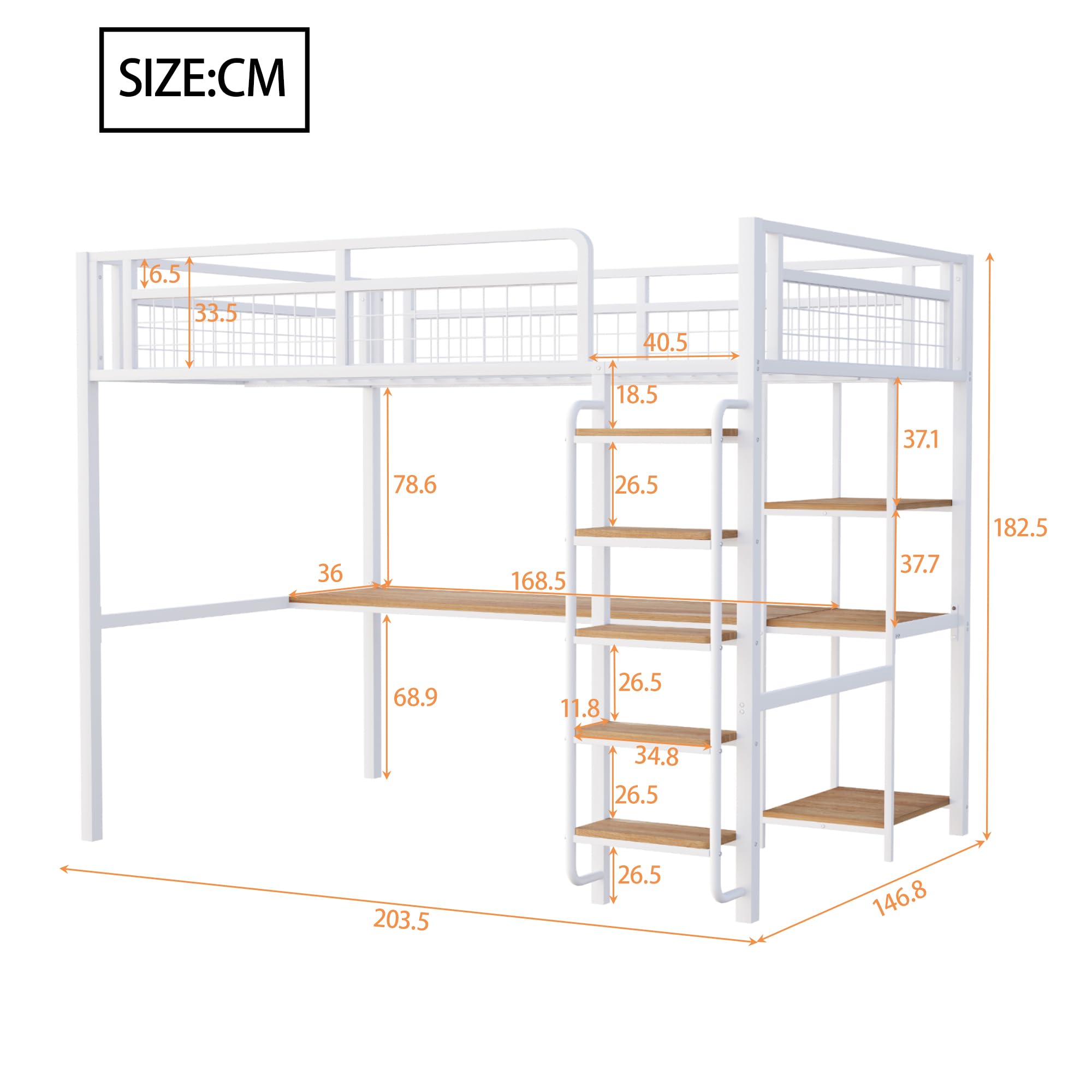Cama alta de metal de 140 x 200 cm, escalera de seguridad con escalera, cuna con mesa y estante, cama para adultos, valla de seguridad de malla metálica (blanco, 140 x 200 cm)