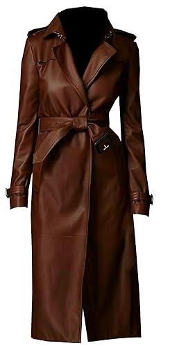 VearFit Women's Brown Leather Trench Coat - Winter Wear Stylish Designer for Every Occasions - Small - Brown