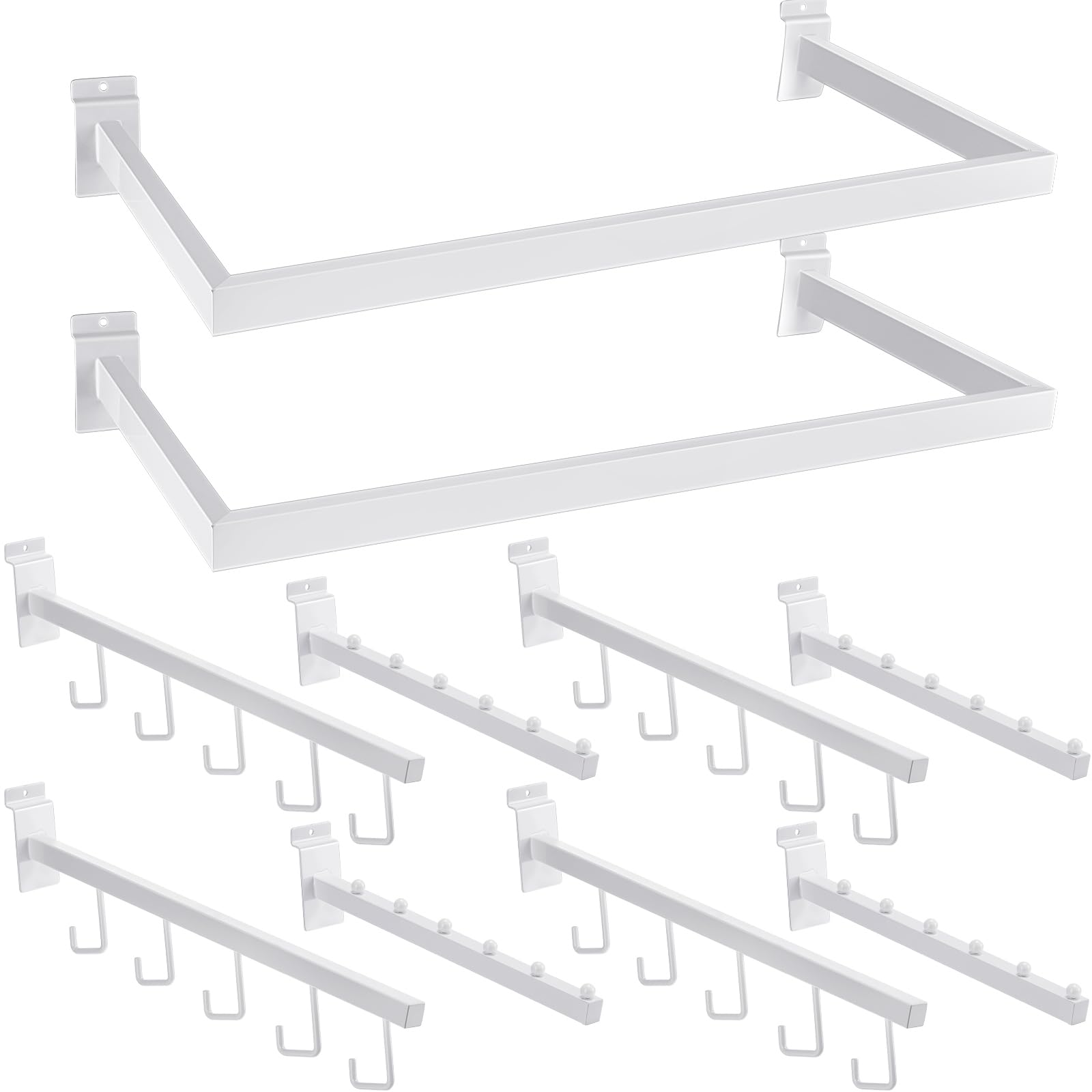 Shimeyao 10 Pieces Metal Slatwall Hooks Accessories Including 2 Pack U Shaped Hang Rail 4 Pack 5 Hook Waterfall 4 Pack 6 Ball Waterfall Hooks for Home Garage Shop Retail Display (White)