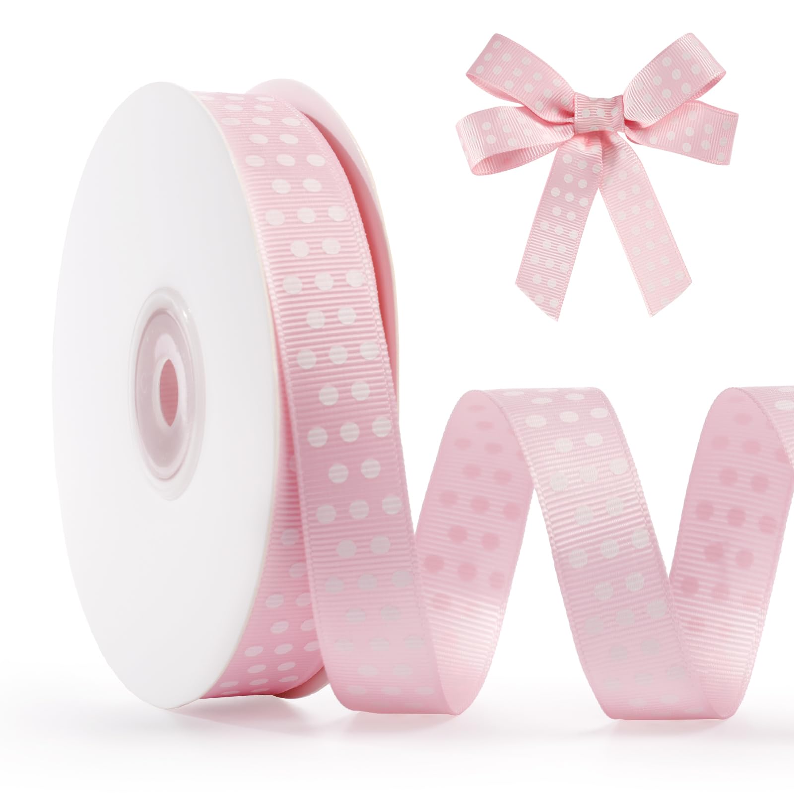 FAKILO Polka Dot Grosgrain Ribbon 5/8 Inch, 25 Yards Spool Pink and White Dot Craft Ribbon for Valentines Gift Wrapping DIY Crafts Hair Bows Wedding