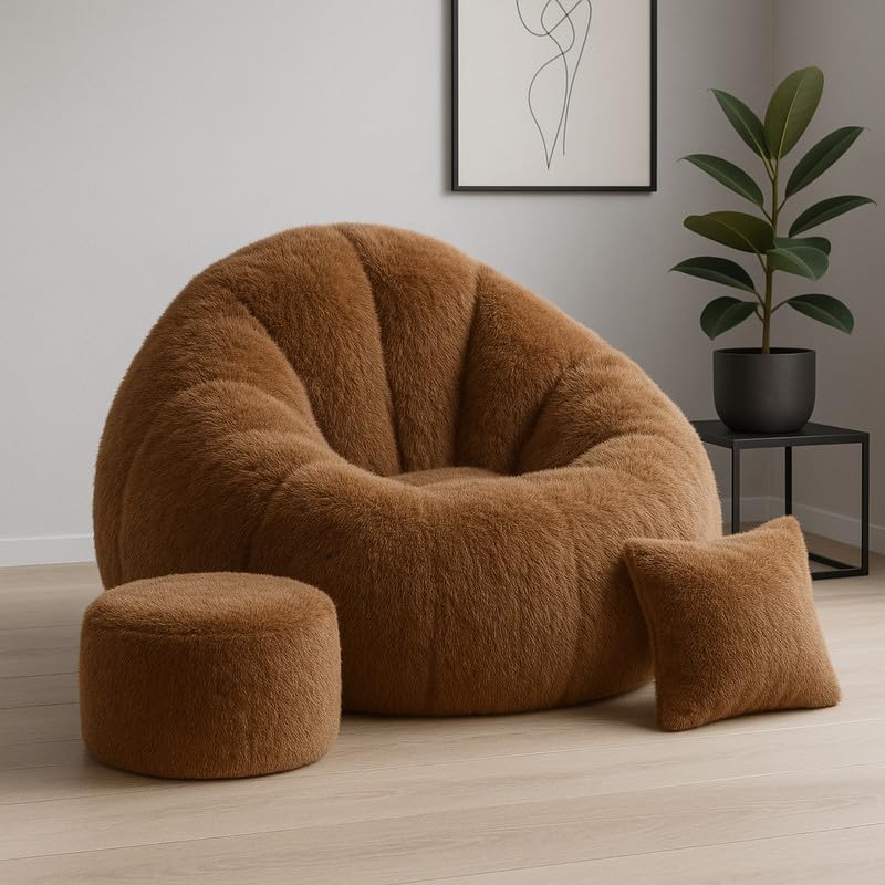 Image of Biggie Bean Bag Chair with Beans Filled 5XL The Evergreen Classics Bean Sofa-Comfort That Hugs Back-Styled for Elegance with Free Cushion & Footrest (Matching Color : Soft Fur Brown)