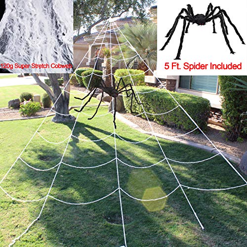 Halloween Giant Spider Web Set Includes 5 ft Spider, 23 x 18 ft Large Web and 120g Stretch Cobweb for Halloween Outdoor Decorations