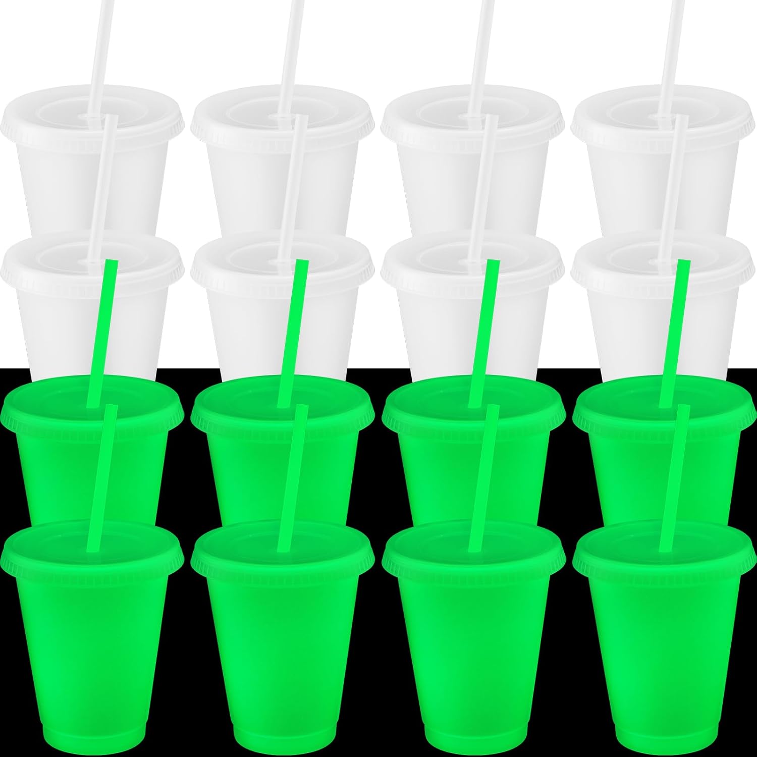 Honeydak 15 Pack 16 oz Glow in The Dark Cups Gift Bulk Light up Neon Plastic Tumbler with Straw and Lid Glow in The Dark Party Supplies Water Bottle Iced Coffee Mug Reusable (Fluorescent Green)