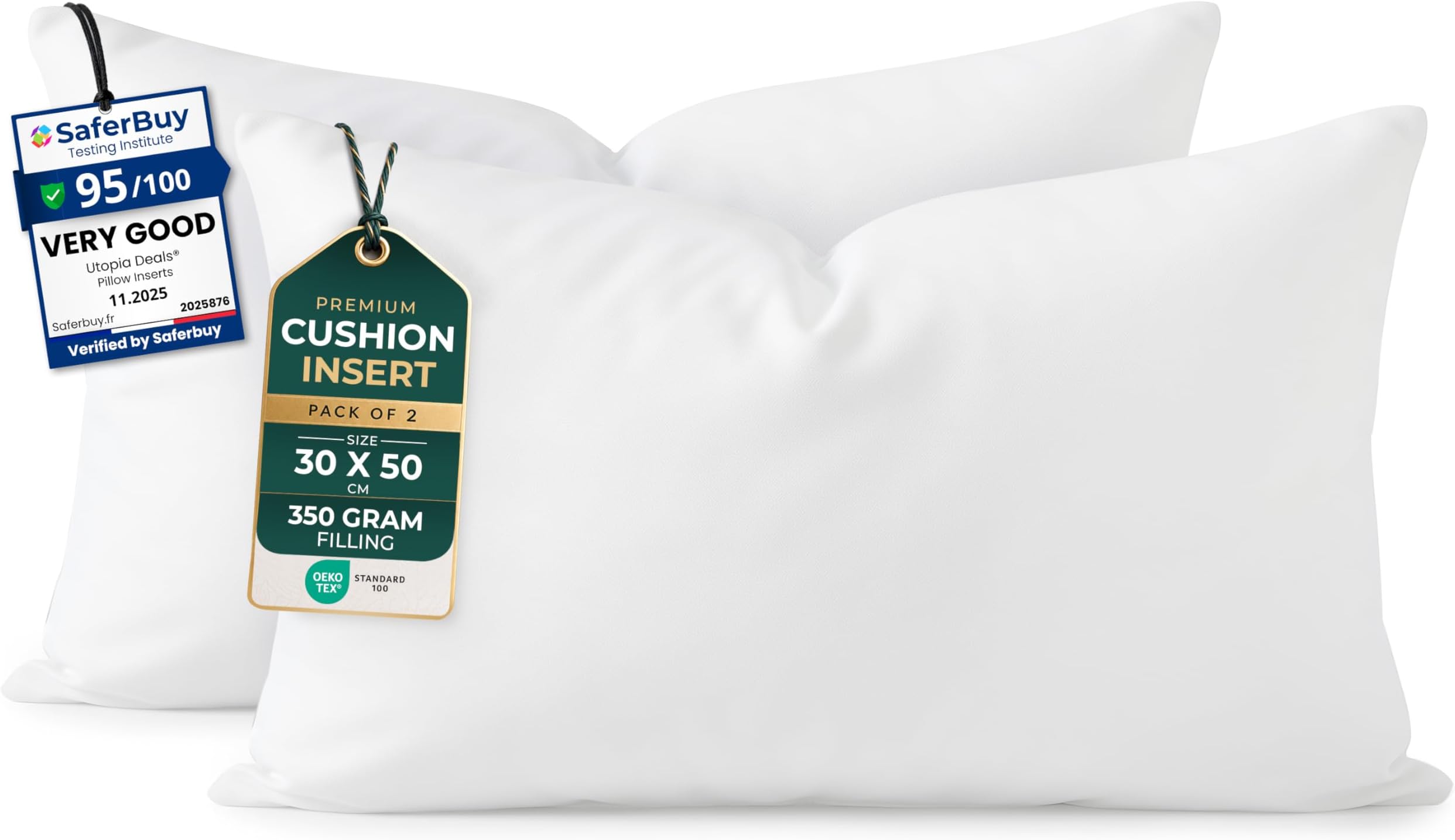 Utopia Bedding Cushion Inserts 30cm x 50cm (12x20 inch) Pack of 2 Hollowfibre Inner Pads for Sofa or Bed – White Cushions Fillers