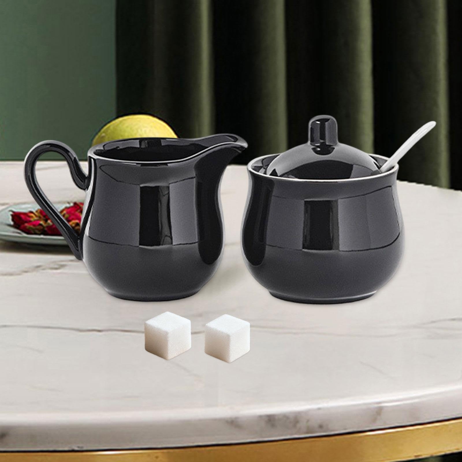 Milageto Set di zuccheriera e lattiera in ceramica, set da caffè, durevole, decorativo, pratico, regalo di, contenitore per zucchero e lattiera, Nero