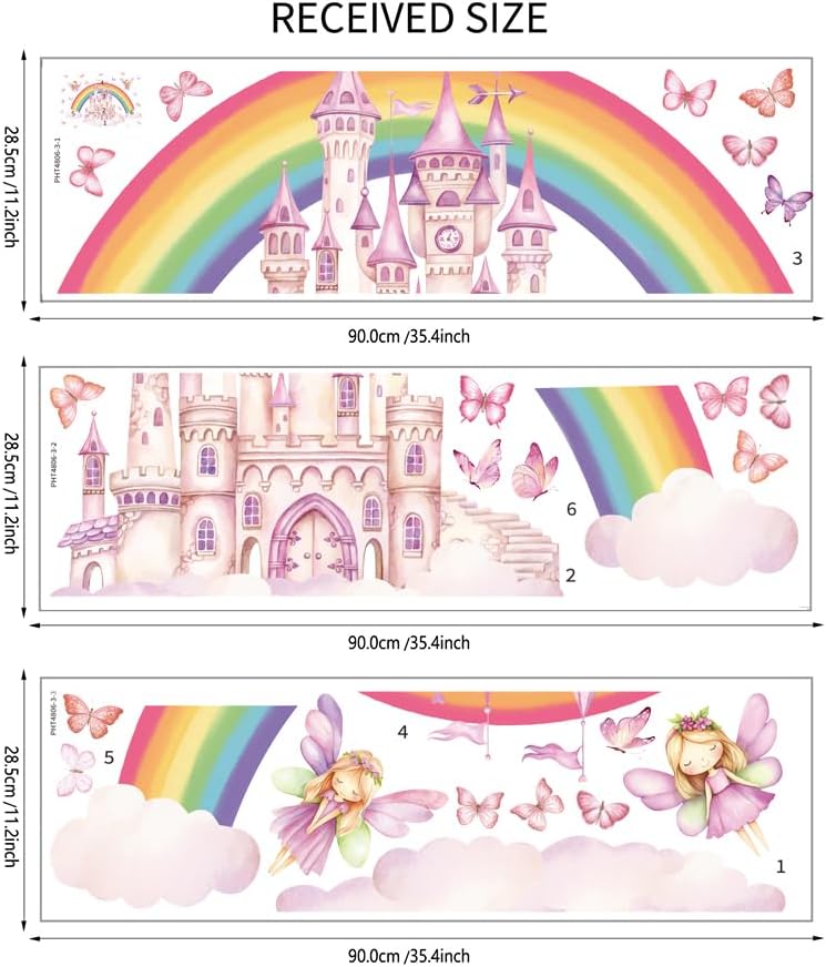 Rainbow Castle Wall Decals Princess Fairy Tale Butterfly Wall Stickers Watercolor Rainbow Cloud Wallpaper Peel and Stick Wall Art Decals for Girls Bedroom Nursery Kids Toddler Decoration