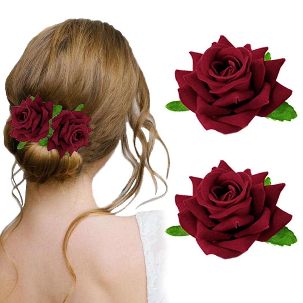 Large Flower Hair Barrette Red Rose Hairclip Hawaiian Hairpin Boho Hair Accessories for Women 2PCS