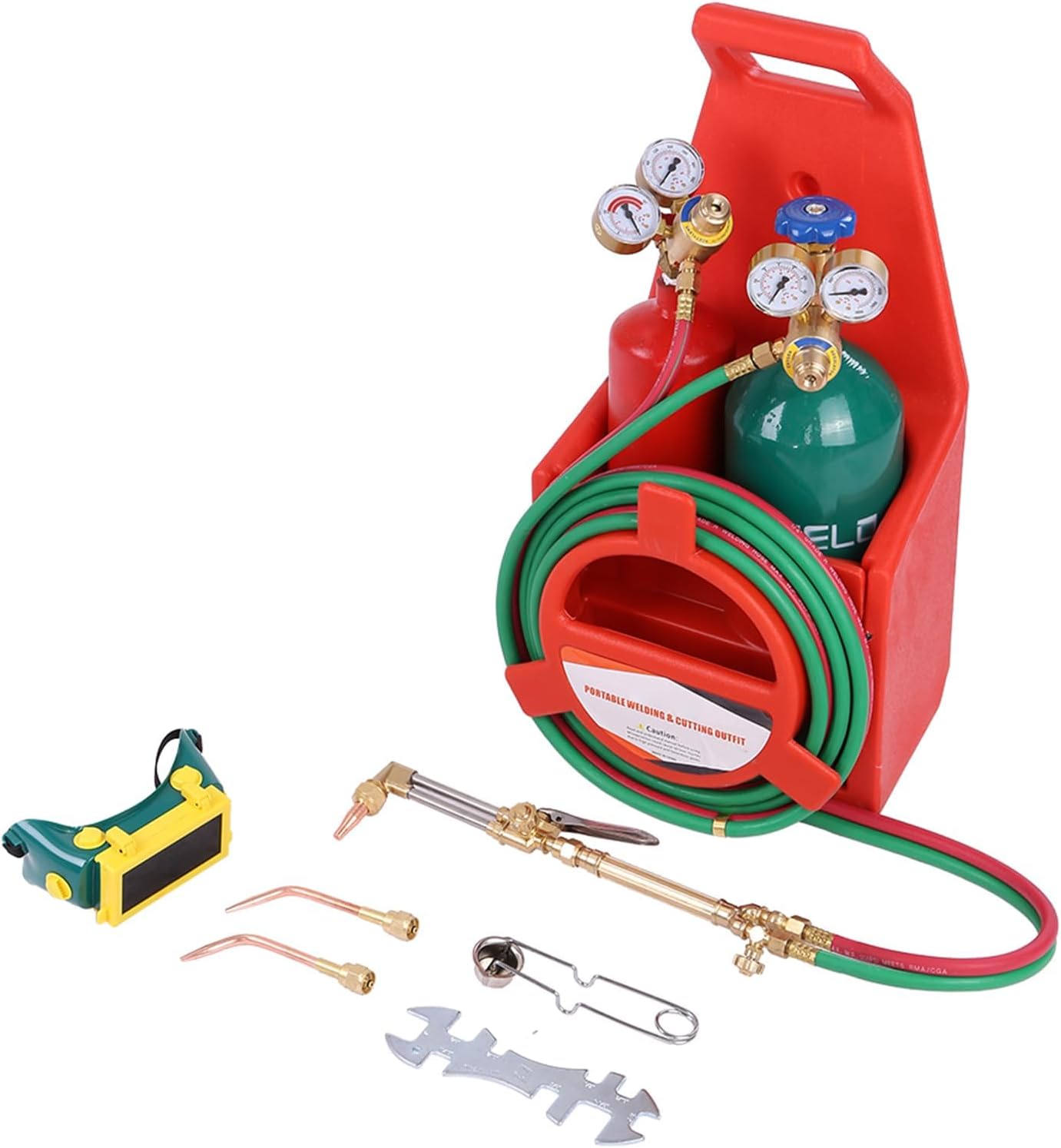 Oxy Acetylene Torch Kit, Portable Oxyacetylene Welding and Cutting Kit with Pressure Gauge and Brass Nozzle, Welding Torch Kit, Welding Cutting Torch Kit with Pipe (Red)
