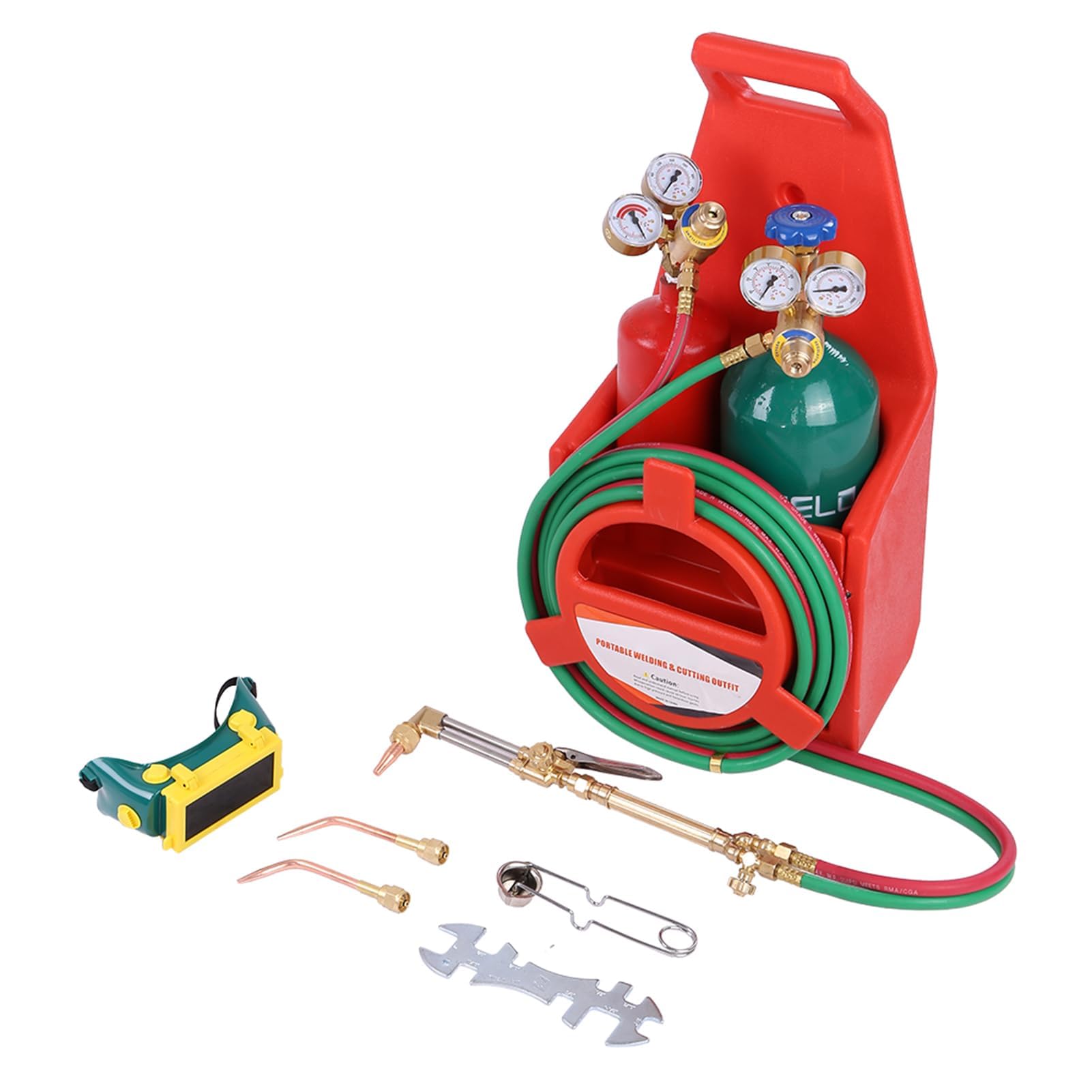 Oxy Acetylene Torch Kit, Portable Oxyacetylene Welding and Cutting Kit with Pressure Gauge and Brass Nozzle, Welding Torch Kit, Welding Cutting Torch Kit with Pipe (Red)