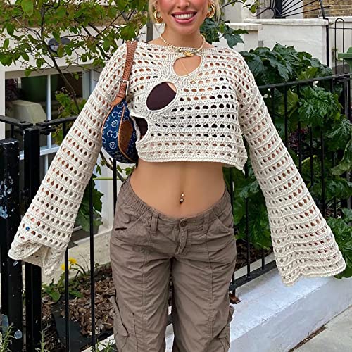 Women's Crochet Knit Crop Top Pullover Sweater Long Sleeve Hollow Out Square Neck Y2k Shirt Summer Streetwear2
