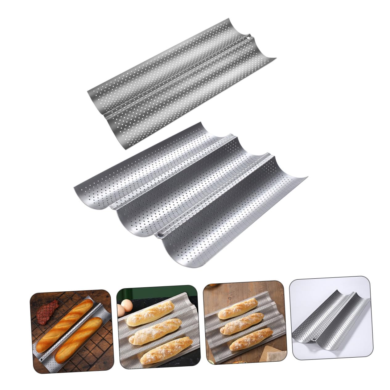 Baguette Antiadherente de para 2 Inoxidable Piezas Acero Molde Hornear Pan y Fácil de Limpiar Diseño Ondulado Plateado en para Cocina Casa
