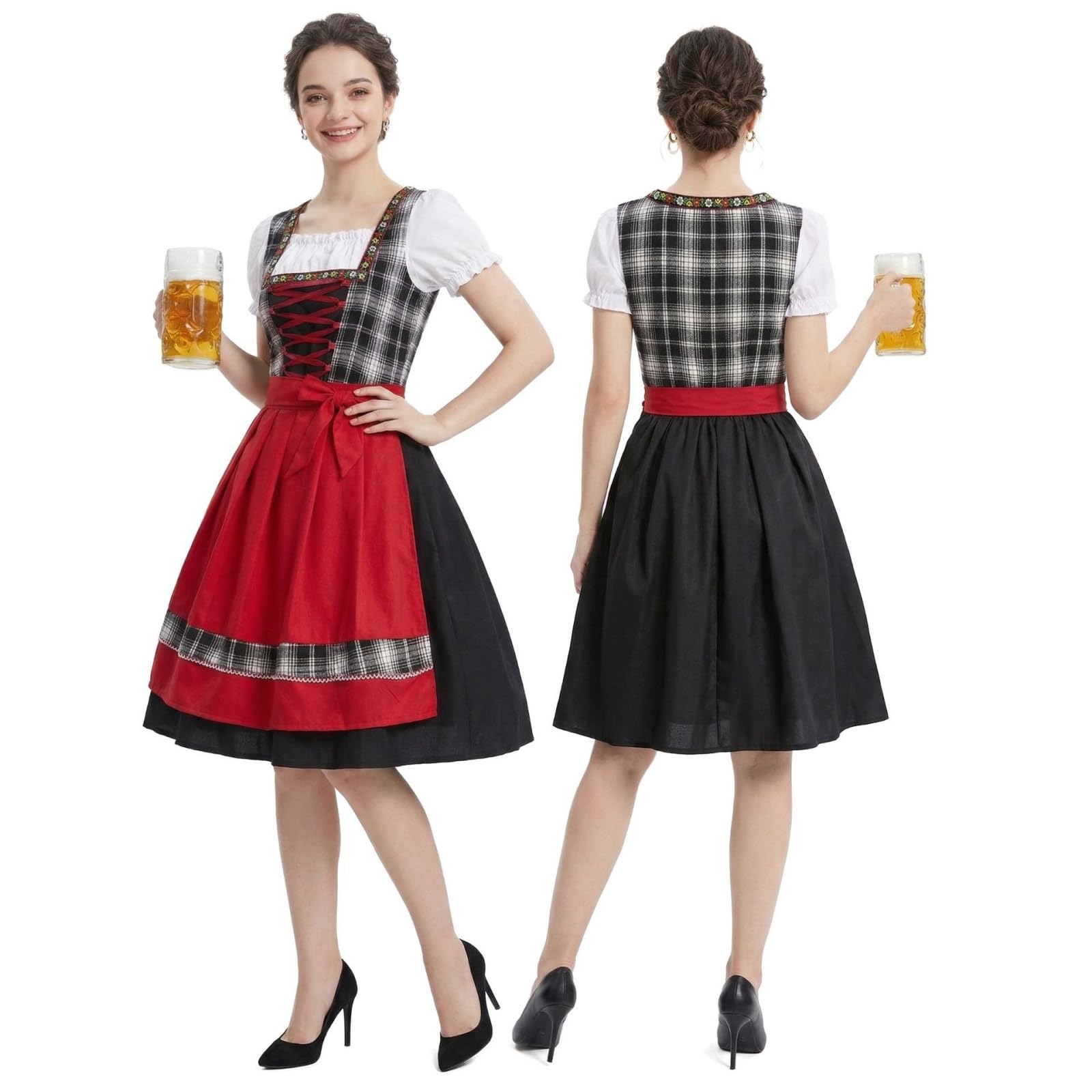 Saymany Oktoberfest Damen Outfit Midi Quadratischer Kragen Trachtenkleid Trachtenmode Trachtenrock Dirndl Kleid Trachten Einfarbige Dirndlkleid Dirndl Kleidung Mit Gürtel