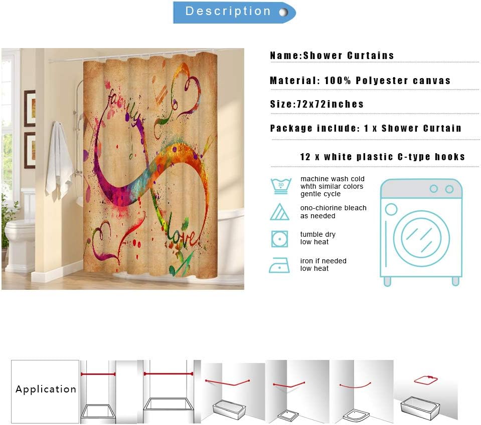 Music Shower Curtain Abstract Music Note with Love Themed Art Modern Bathroom Set with Hooks Musical Notes Rhythm Song Ornamental Fantasy Cloth Fabric Bathroom Decor Set with Hooks 72x72Inch