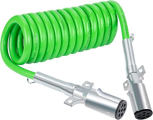 CheeMuii Cable de remolque en espiral de 7 vías, 12 pies, bobina de alimentación eléctrica ABS verde, cable de alimentación resistente para
