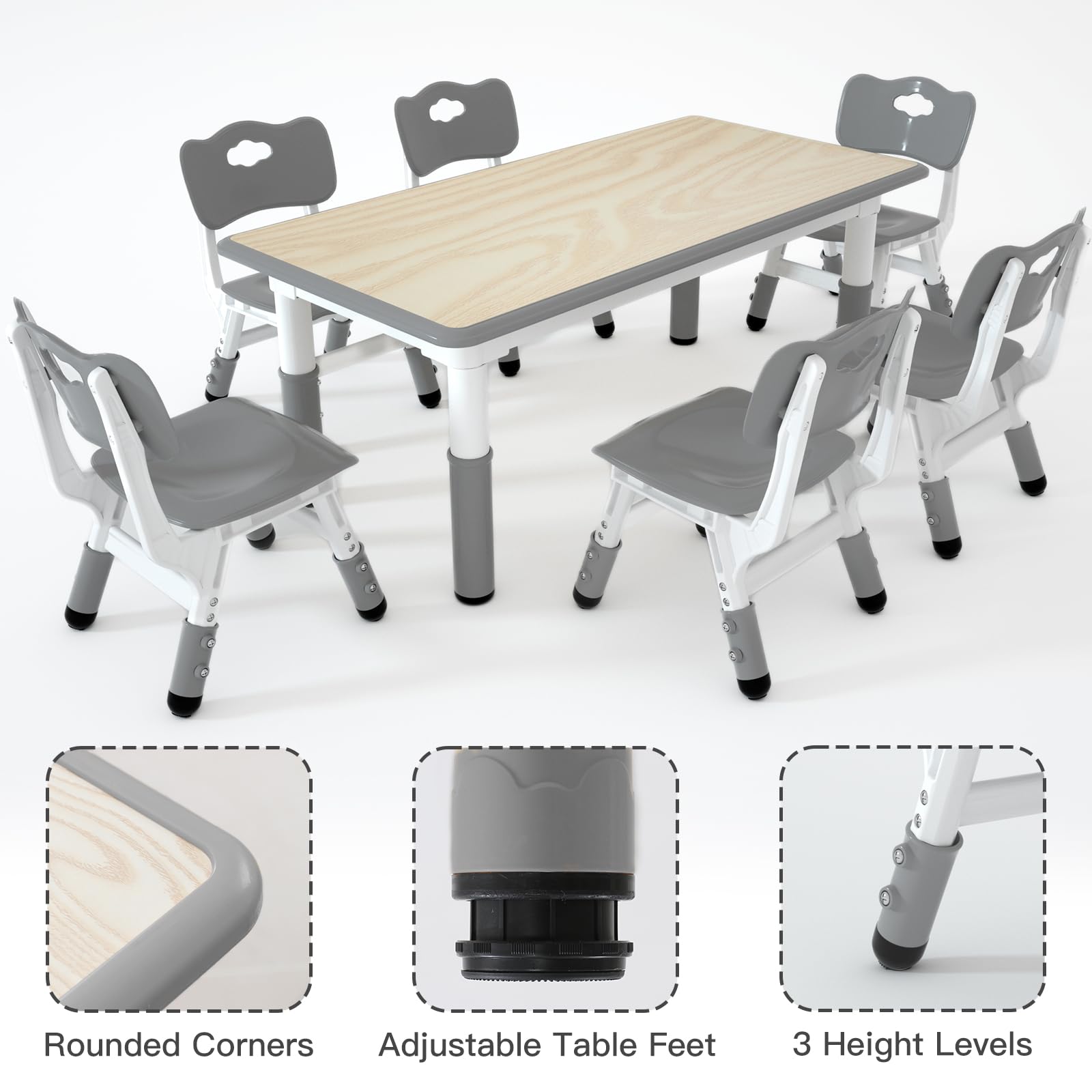Juego de mesa y 6 sillas para niños, mesa y silla para niños de altura ajustable, mesa de estudio multiactividad para niños pequeños con escritorio de 47.2 x 23.6 pulgadas, para aulas 3