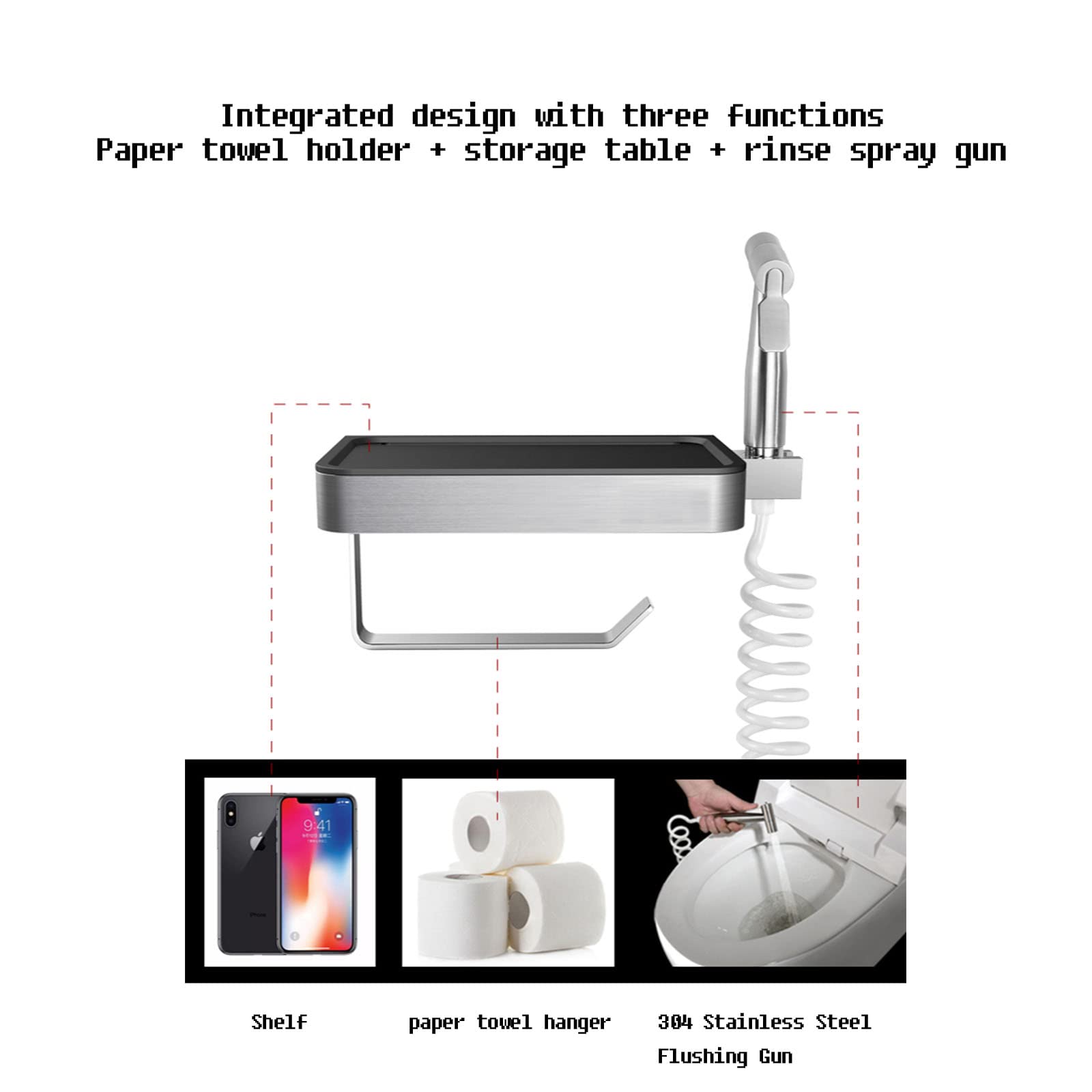 Portarollos Papel Higienico, portarrollos baño Adhesivo, Pulverizador de Bidé de Mano de Acero Inoxidable para Inodoro,con el Teléfono Móvil Estante de Almacenamiento,Blanco,Bright
