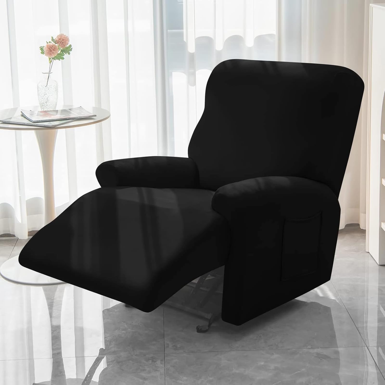Leorate 3 Seater Reclining Chair Covers Stretch Armchair Covers with Pocket Decoration Spandex Fabric Recliner Sofa Slipcovers for Living Bedroom Home (Black)