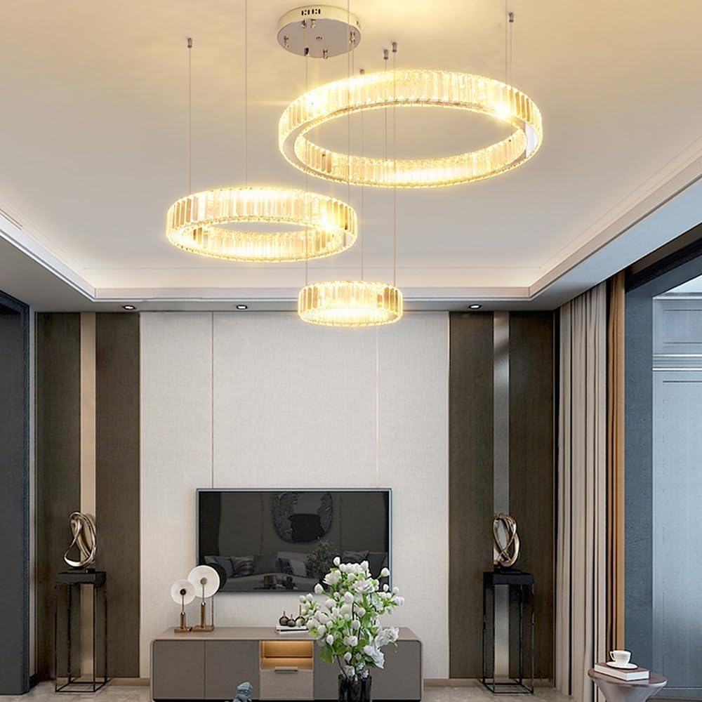 Lampadario Moderno a LED con Cristalli, 3 Anelli Rotondi, dimmerabile, per Soggiorno, Ingresso, atrio, Grande Lampada a Sospensione cromata.