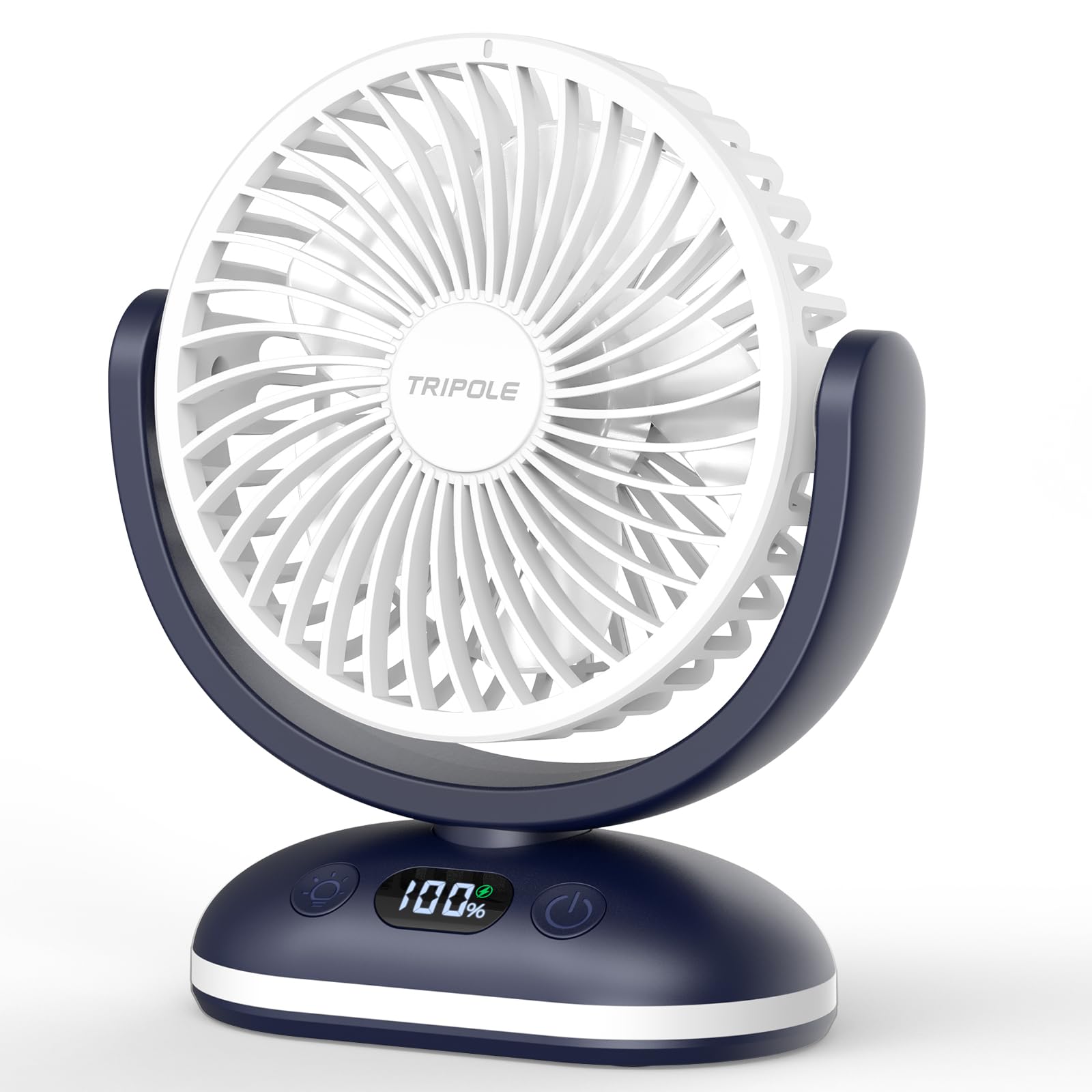 TriPole 4000mAh Rechargeable Desk Fan 31H Runtime, 4 Speed Portable USB Fan with LED Display, Battery Operated Ultra Quiet Table Fans, Head Adjustable for Office, Bedroom, Camping, Travel (Navy Blue)