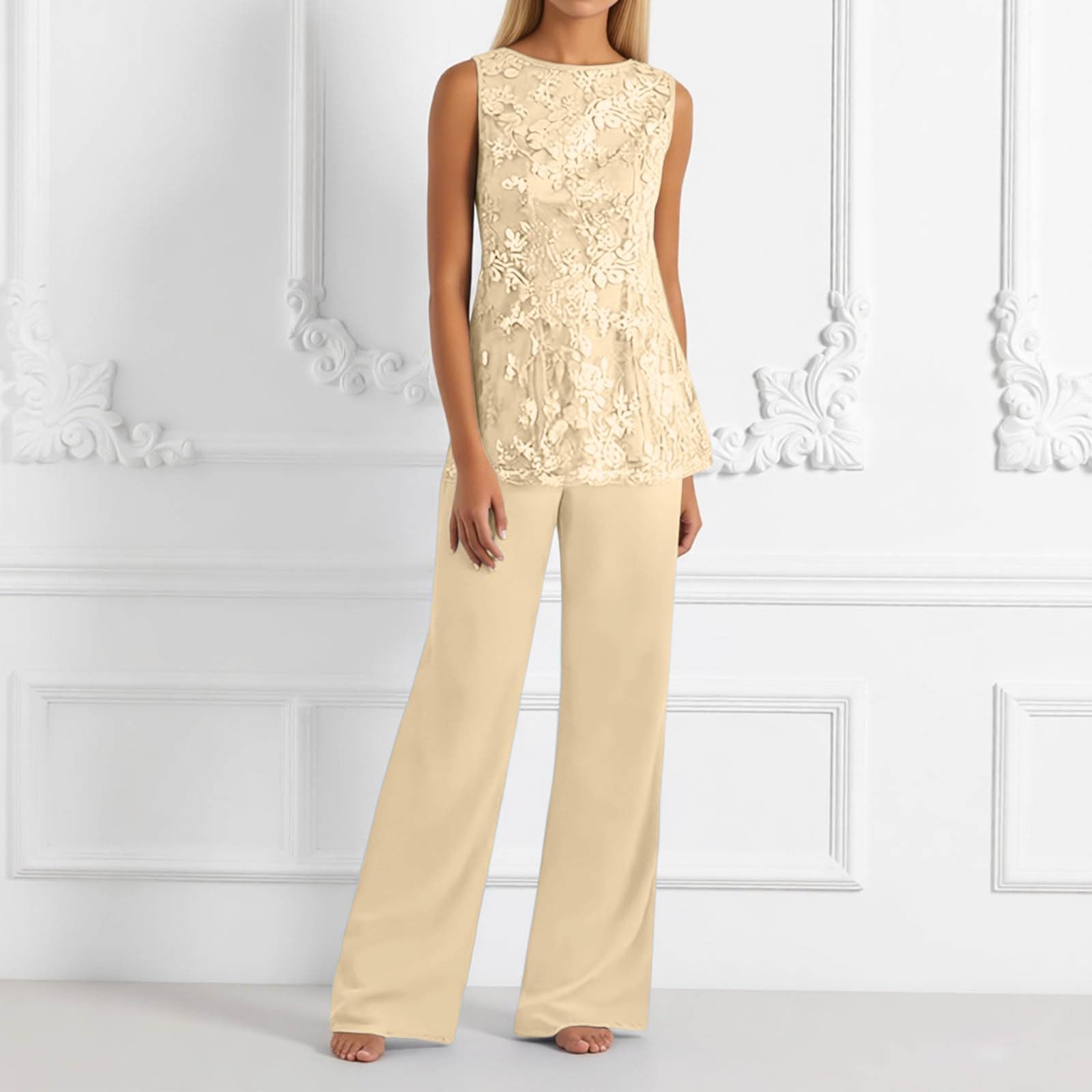 Generisch Elegante vestido de fiesta de dama de honor: pantalones de manga larga de gasa con estampado floral, elegante y cómodo para invitados en tallas grandes.