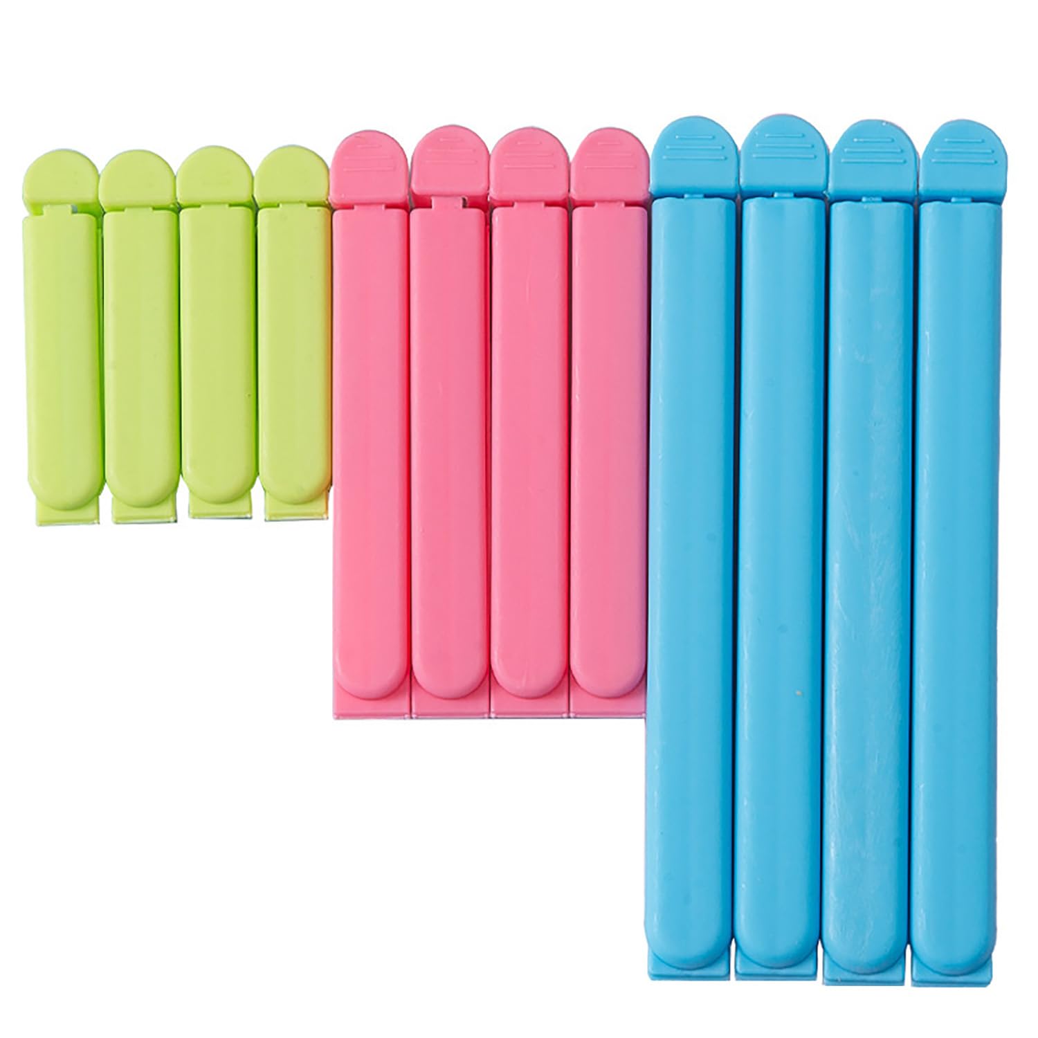 12 Pcs Plastic Food Bag Clips in 3 Sizes and 3 Colours, Reusable Sealing Clips for Bags, Packets, Freezer and Pet Food Storage