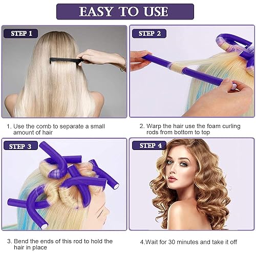 Miniatura 6 de CEKEME 40 rodillos flexibles de espuma para el cabello, rizadores de pelo sin calor para cabello largo (9.45 x 0.55 pies), morado (rizadores de