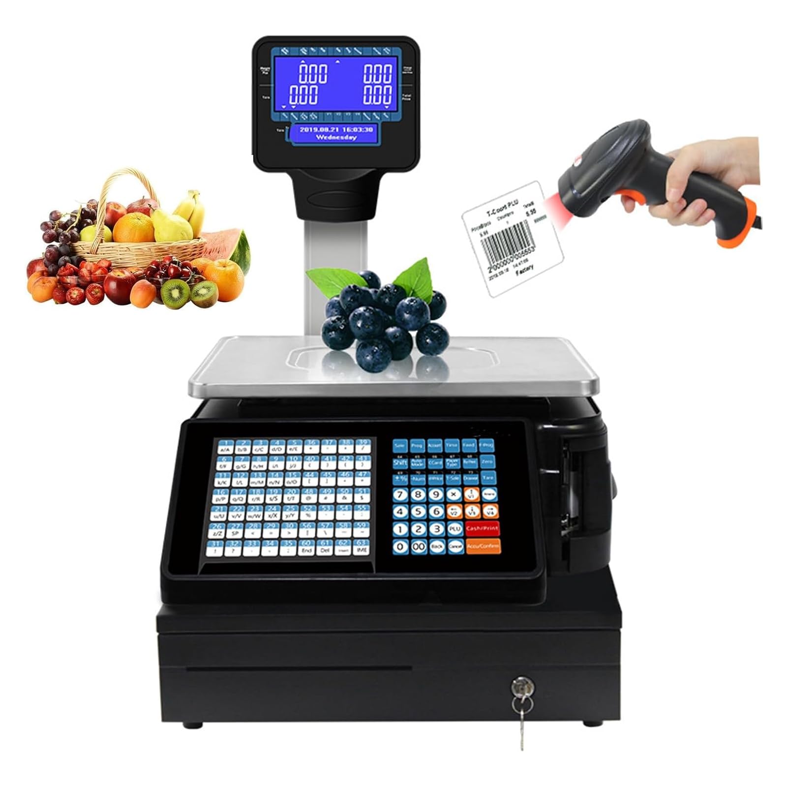 JKJZSALJ Commercial Cash Register,Label Printing Scales,Digital Weighing Scales With Pole Display,Back Front Dual Display,Receipt Label Printing Scale With Cash
