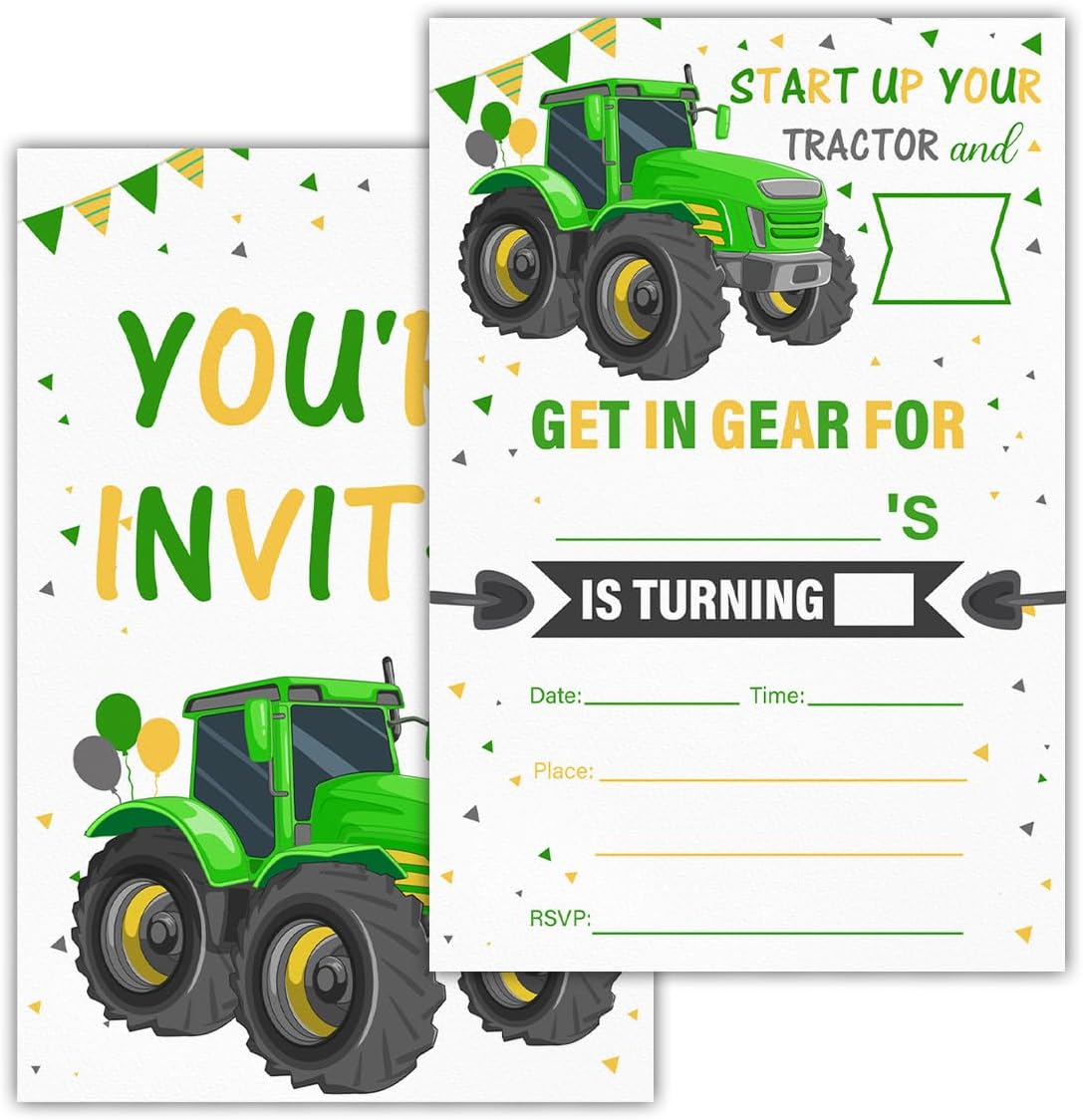 Tractor Birthday Invitations With Envelopes (20 Count), Farmyard Tractor Birthday Party Fill in Invites Cards, Double Sided Design A03