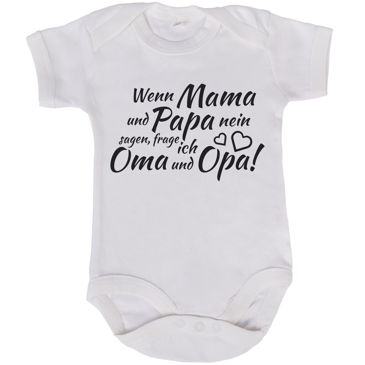JUNIWORDS Babybody Kurzarm - 100% Baumwolle - Wähle Motiv, Farbe & Größe - "Wenn Mama und Papa nein sagen frage ich Oma und Opa" - Weiß - Größe: 60-66 cm