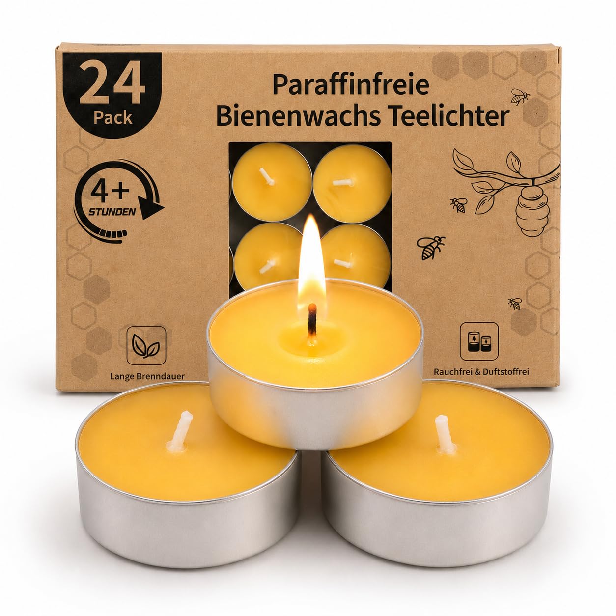 LETINE Confezione da 24 candele di cera d'api – Candele in cera d'api pura tealight, senza profumo, senza fumo e pulito, con oltre 4 ore di durata