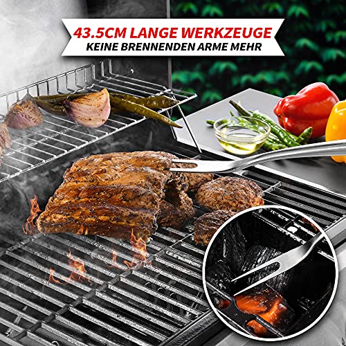 Foto von GRILAZ BBQ Grillbesteck Tool Set, 3-teilig Grillwerkzeug-Set mit Grillzange, Wender, Fleischgabel, hergestellt aus hochwertigem Edelstahl und Rosenholz Grillset Grillzubehör Geschenk für Männer
