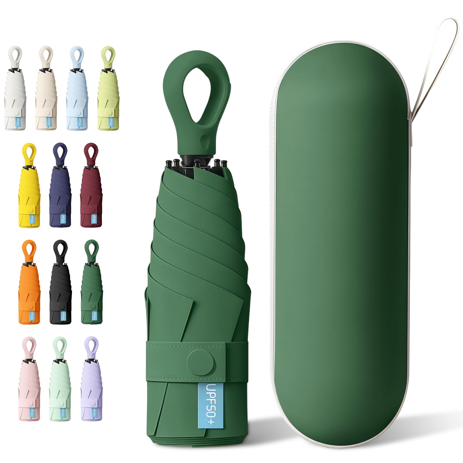 HCQC Ombrello Ultra Leggero Pieghevole Mini da Viaggio – Protezione UPF 50+, Impermeabile e Compatto – Ombrello Tascabile per Uomo e Donna con Custodia a Capsula