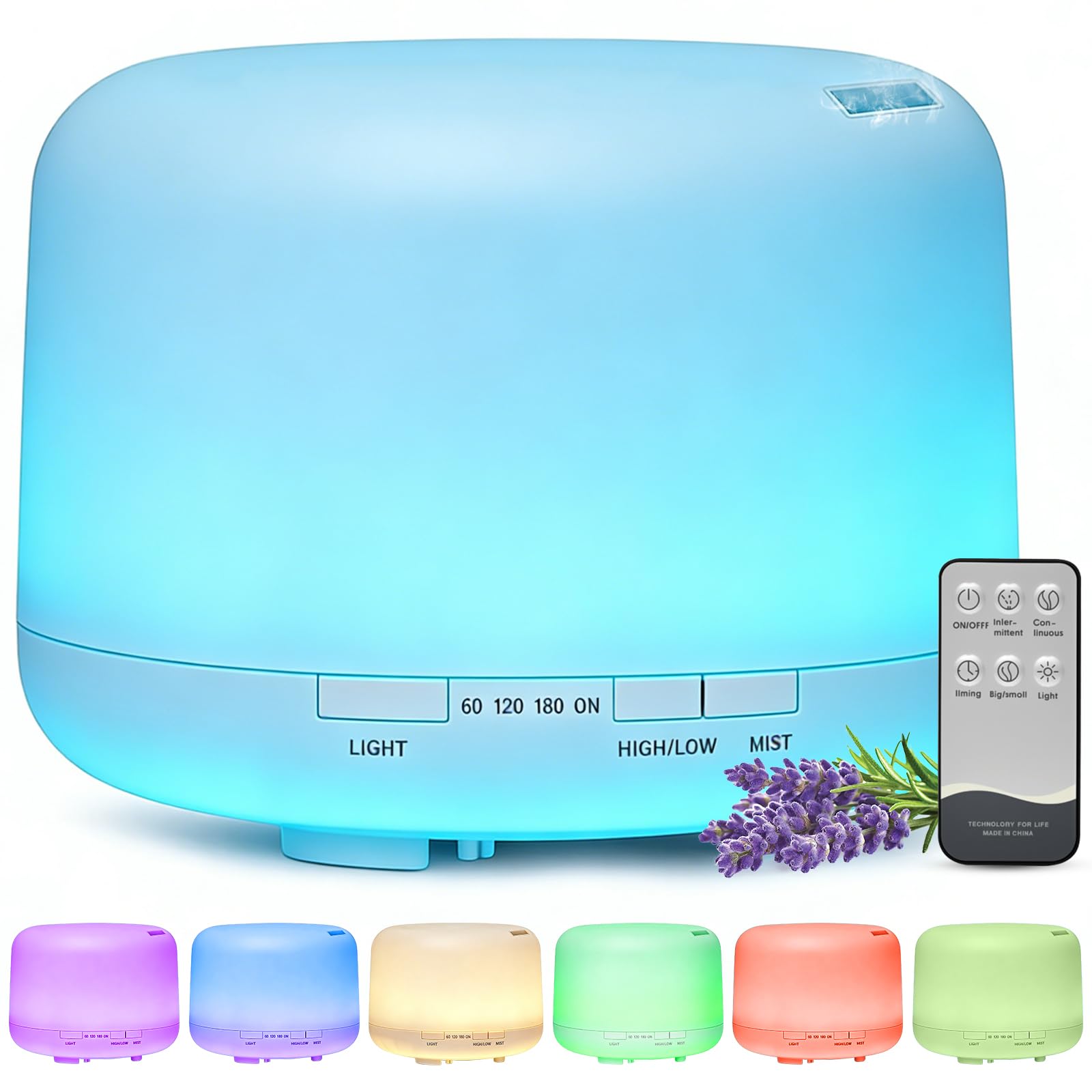 Imagen del producto: Salandens Difusor De Aceites Esenciales 500ML,Humidificador de Aire,Difusor De Aromas,7 Colores,2 Niveles De Niebla,con Control Remoto