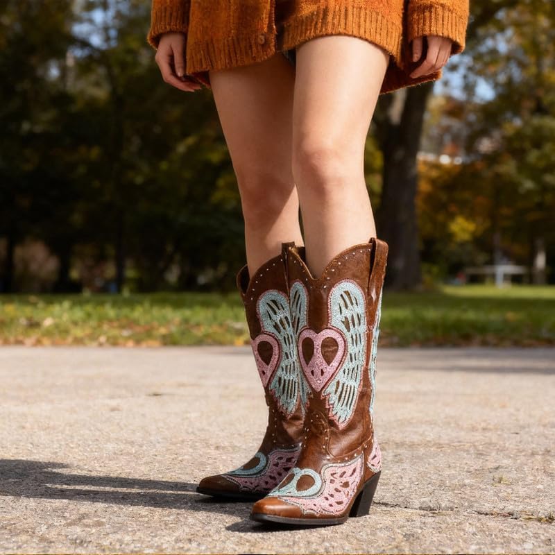 Women's Western Cowgirl Boots Embroidery Angel Wings Mid Calf Pointed Toe Chunky Heel Cowboy Boots for Women - Image 8