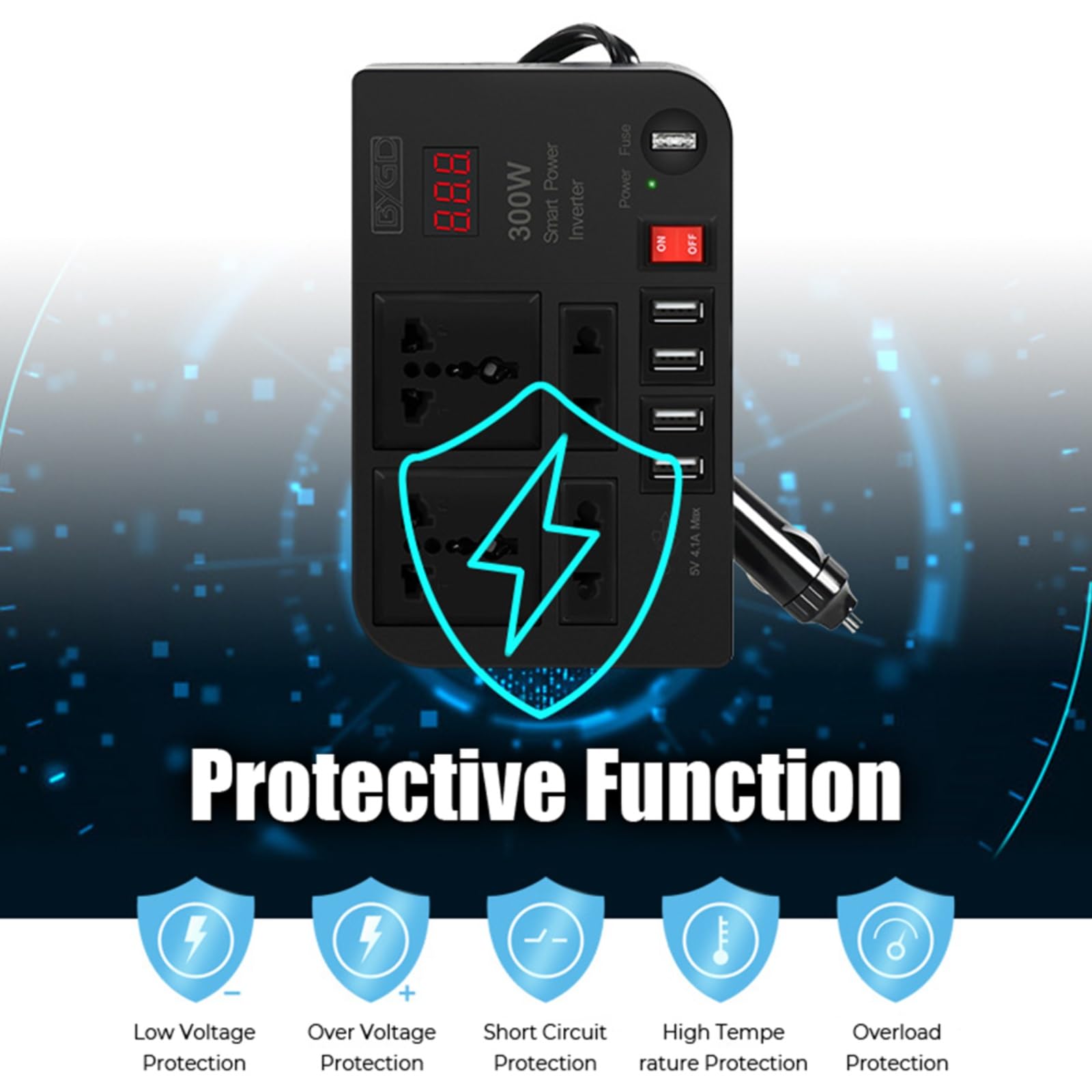 Inversor Onda Pura 12 V CC A 220 V CA 300 W Interruptor Encendido/Apagado 4 Tomas CA 4 Puertos USB Protección contra Sobrecargas Adaptador Corriente