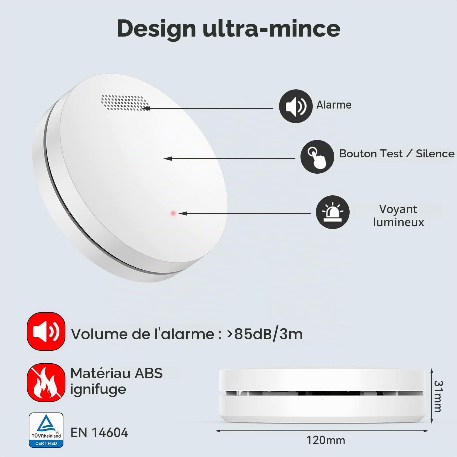 CPVAN Lot de 5 détecteurs de fumée, de chaleur et de monoxyde de carbone sans fil avec télécommande, autonomie de 10 ans, certifié CE, EN14604, BS5446, EN50291, pré-reliés