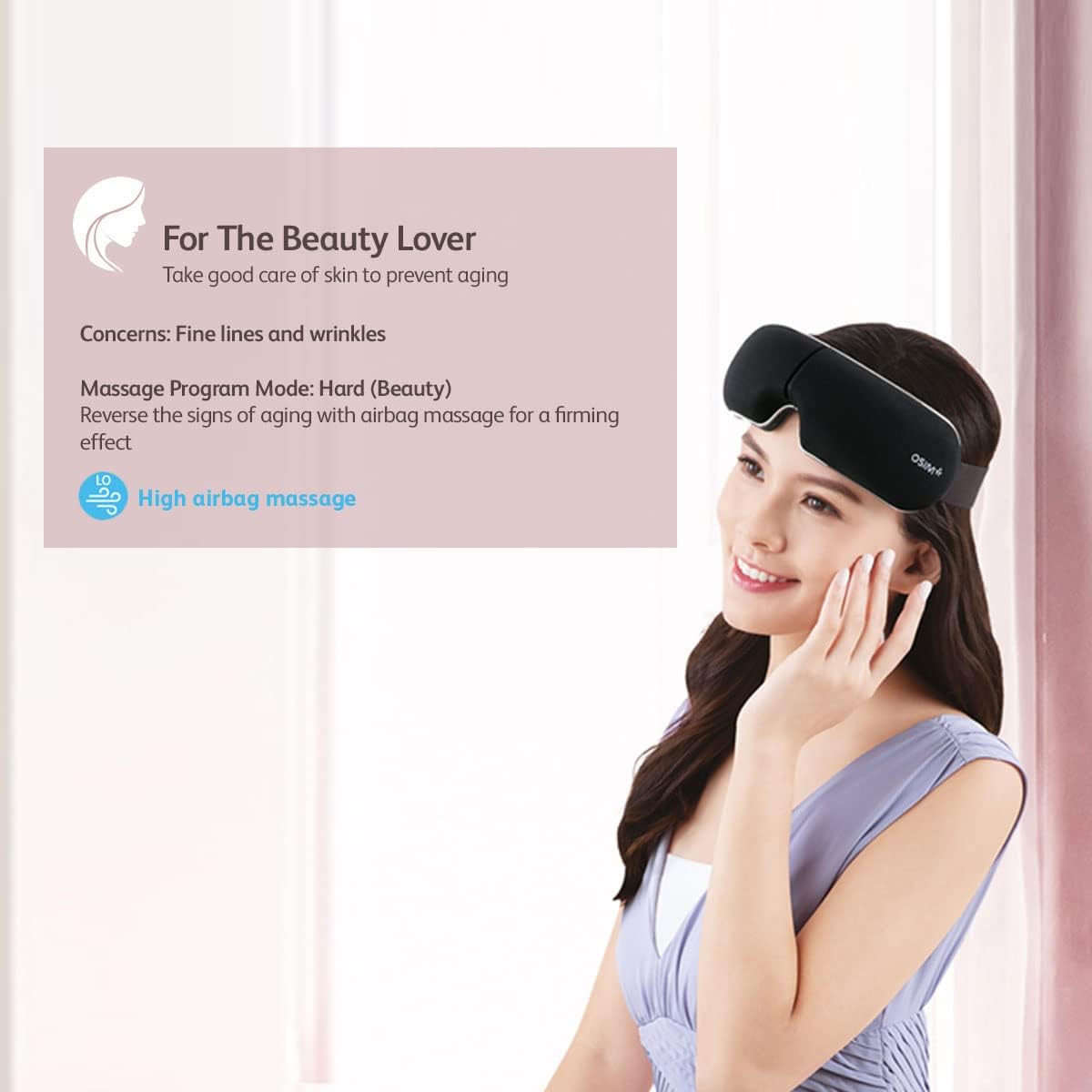 Woman smiling with OSIM uVision Air Eye Massager, illustrating the Hard (Beauty) mode