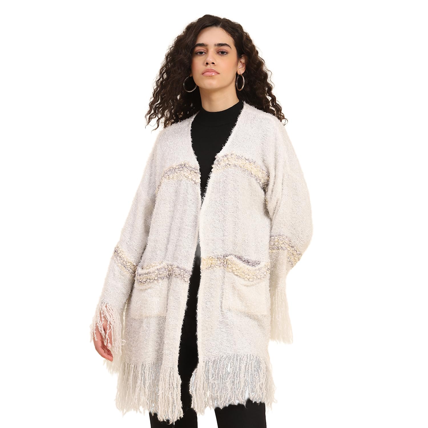 White Shrug Sleeved Winter Jacket Bright White Polyester Acrylic Blend Frills at Bottom Stripes Wide Sleeve Cardigan Lightweight Stylish-image-43